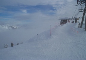 At the end of the ski lift, ready to ski down