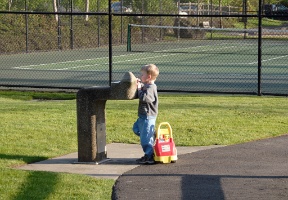 Antti getting a drink from the fountain at the "white park"