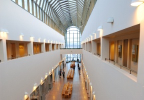 Kirsti, Antti and Tuomas going to the downstairs exhibits