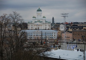 View towards downtown Helsinki: Tuomiokirkko Cathedral and  Helsinki City Hall (the blue building in the foreground) are the most visible buildings