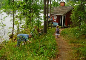 Amy and the kids picking blueberries