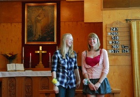 Johanna and Kimia in church at the end of September talking about their confirmation camp in Finland