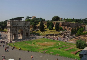 The Arch of Constantine and the Palatine Hill seen from the upper level of the Colosseum.