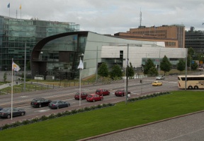 Kiasma, the Helsinki museum of modern art in the center, with Helsingin Sanomat newspaper building in the back on the left.