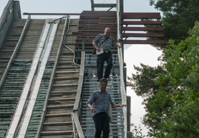 Matteus and Aaron walking down from the top of the jump
