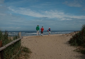 Tuomas, Antti and Elsa walking to the beach